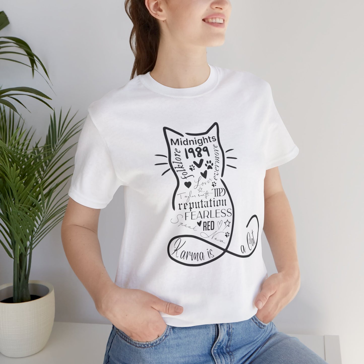 Whimsical "Karma Is A Cat" Fan Tee