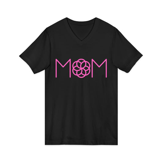 Mom Floral Logo V‑Neck Tee — Pink Minimalist Mother's Day Shirt