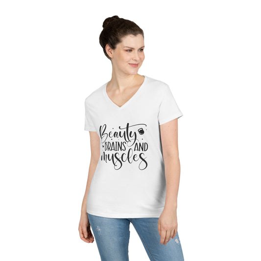Women's "Beauty, Brains, and Muscles" V-Neck Tee